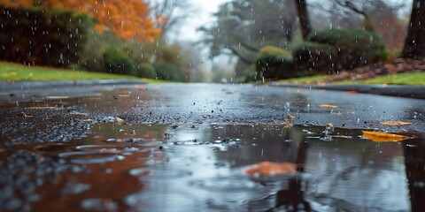 Raindrops falling on a street with autumn leaves and puddles creating reflections