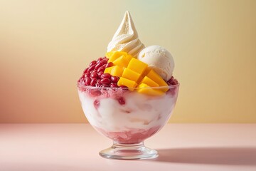 A colorful Korean dessert Bingsu in a glass bowl against a soft pastel background with bright  lighting 