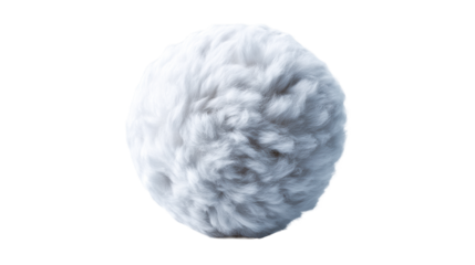 Fluffy soft round white sphere with texture resembling fur or cotton for cosmetic or textile applications with light gray subtle shadow for use in advertising and design projects