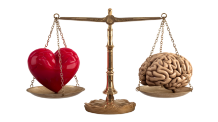 Antique brass scale balancing a red heart and a human brain, symbolizing the choice between emotion and logic for decision making and life choices.