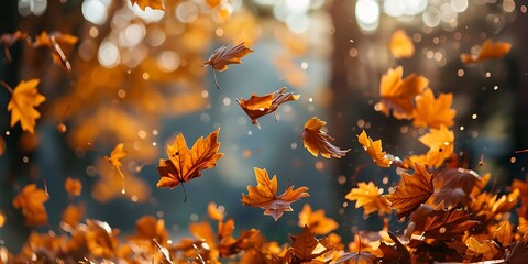 Golden Autumn Leaves Falling in a Soft Bokeh Light with Warm Hues