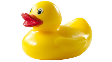 Bright yellow rubber duck toy with red beak and eyes, perfect for bath time fun and childrens playtime promotions, used in advertising and marketing campaigns.