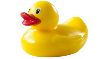 Bright yellow rubber duck toy with red beak and eyes, perfect for bath time fun and childrens playtime promotions, used in advertising and marketing campaigns.
