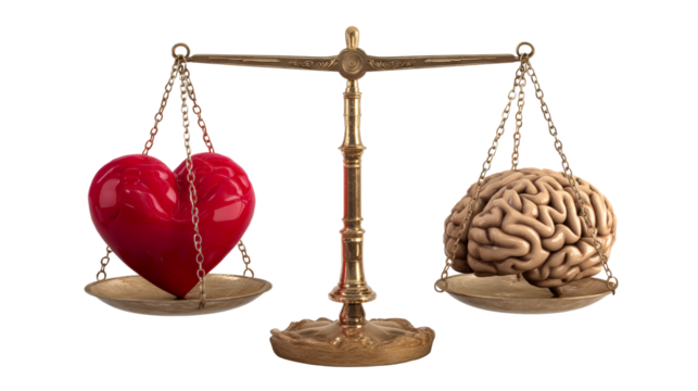 Antique brass scale balancing a red heart and a human brain, symbolizing the choice between emotion and logic for decision making and life choices. - Powered by Adobe