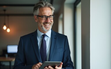 happy middle aged business man ceo wearing suit standing in office using digital tablet smiling mature businessman professional executive manager looking away thinking working .stock photo