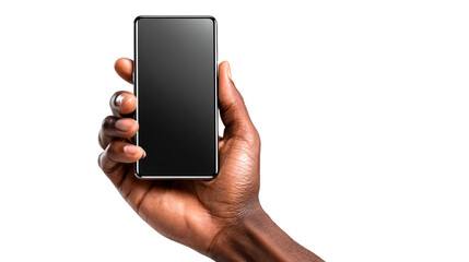Black hand holding modern smartphone with dark screen for technology app interface presentation or mobile communication.