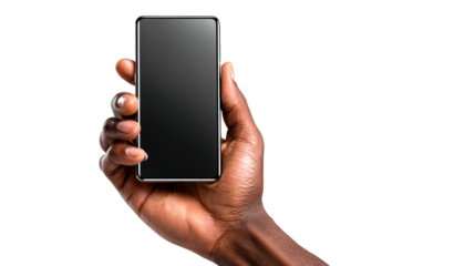 Black hand holding modern smartphone with dark screen for technology app interface presentation or mobile communication.