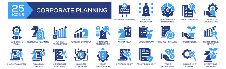 Corporate Planning icon set. Containing design Strategic Roadmap, Action Plan, Growth Strategy, Risk Assessment, Performance Review. Solid icon collection.