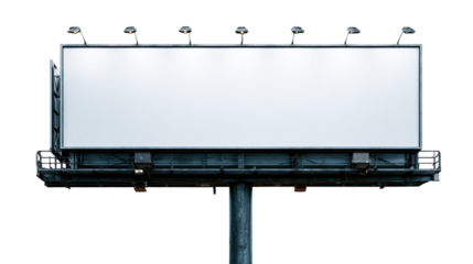 Large blank outdoor billboard with overhead lights and metal structure, perfect for advertising and media placement presentations.