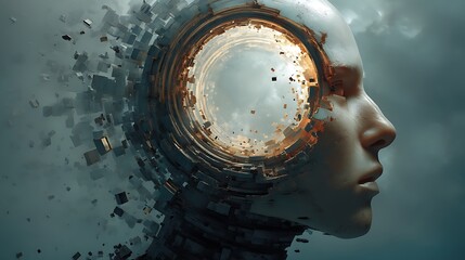 human head surrounded by fragmented circular motion, symbolizing thought overload and fear, psychological concept art, 