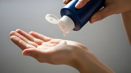 Close up of hands applying white lotion or sunscreen to skin