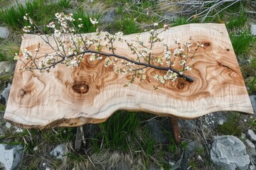 Fototapeta premium Flowering branch lying on a beautiful burl wood slab table in the grass