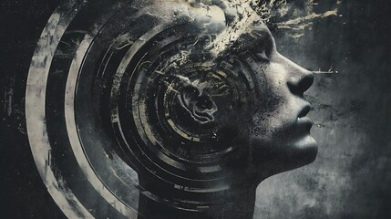 human head surrounded by fragmented circular motion, symbolizing thought overload and fear, psychological concept art, 