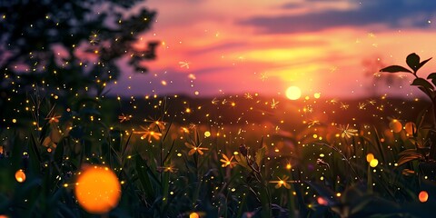 Magical sunset meadow filled with fireflies, illuminating a dreamy summer evening