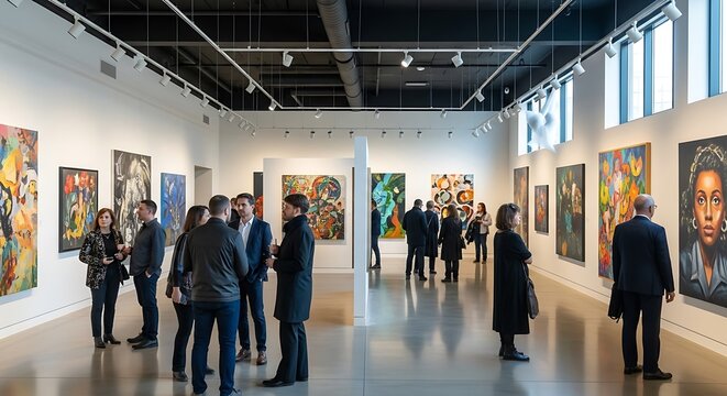 Visitors Admiring Contemporary Paintings at a Modern Art Gallery Exhibition.