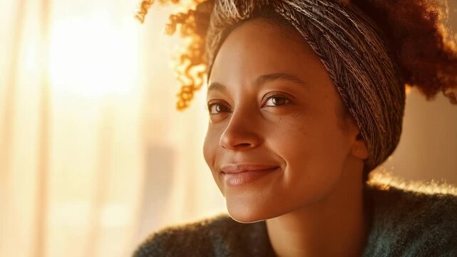 A woman with a patterned head wrap smiling softly with her eyes closed in warm sunlight.