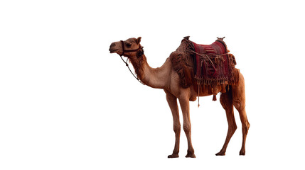 Arab camel adorned with decorative saddle stands on desert sand against a warm sunset sky, ideal for travel and cultural themes.