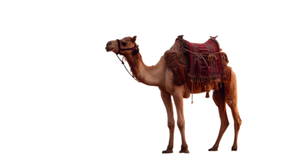 Arab camel adorned with decorative saddle stands on desert sand against a warm sunset sky, ideal for travel and cultural themes.