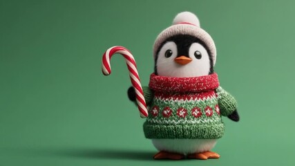 A cute plush penguin in a green knit sweater, scarf, hat, holding a candy cane, on green backdrop so - Powered by Adobe