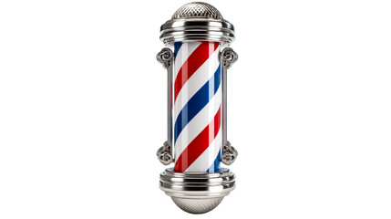 Classic barbershop pole with red white and blue stripes and ornate silver cap and base used for salon signage and vintage grooming business decor.