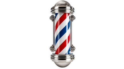 Classic barbershop pole with red white and blue stripes and ornate silver cap and base used for salon signage and vintage grooming business decor.