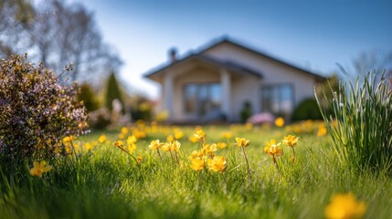 Scenic view of yellow flowers blooming in a lush green garden near a house.