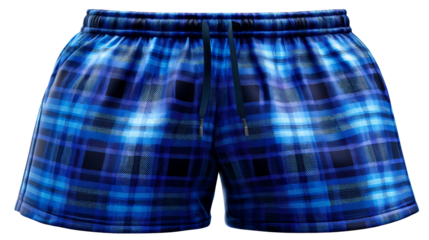 Sportswear shorts with a vibrant blue plaid graphic print, featuring a drawstring waist for comfortable athletic wear and casual apparel promotions.