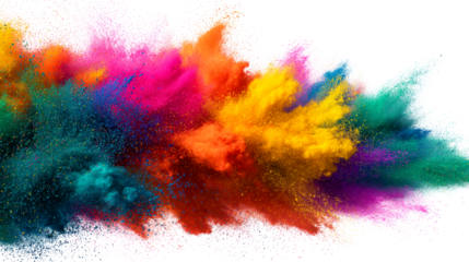 Explosion of vibrant multicolored powder clouds creating a dynamic and energetic abstract composition perfect for festive celebrations or energetic marketing campaigns