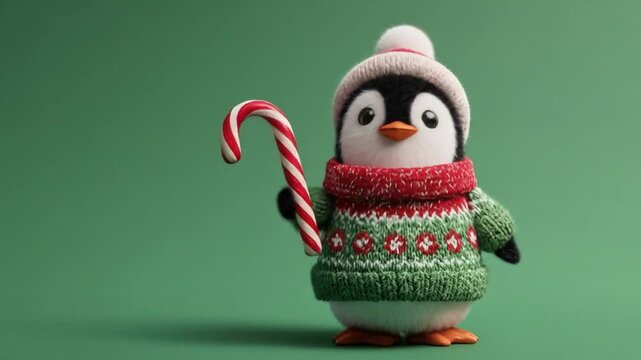 A cute plush penguin in a green knit sweater, scarf, hat, holding a candy cane, on green backdrop so