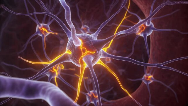 Microscopic view of active noradrenergic neurons in the locus coeruleus, illustrating neural pathways and brain function.