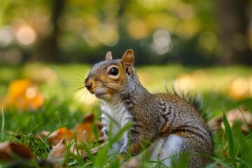 Beautiful eastern gray squirrel resting on green grass with dry leaves in a park during the fall season
