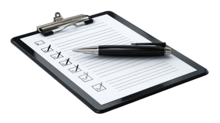 Black clipboard with checklist and pen for completing tasks and managing projects, ideal for business and planning purposes in modern workspaces
