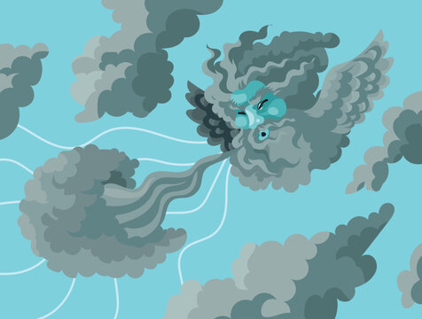 aeolus the greek god of the winds as a winged cloud spirit blowing powerful gusts