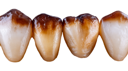 Closeup view of human teeth with deep staining and visible enamel damage presented in a dental model for examination and treatment planning.
