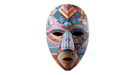 Intricately decorated tribal mask with vibrant geometric embellishments and bold colors, perfect for cultural displays and festive celebrations.
