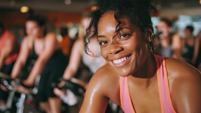 Group cycling class at a fitness center with enthusiastic participants enjoying their workout