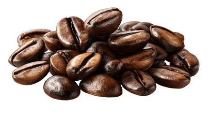 Pile of glossy roasted coffee beans with rich brown color and visible split, perfect for beverage and food industry promotions and beveragerelated concepts.