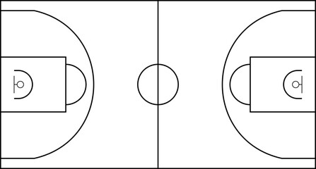 Minimalist top-view illustration of a basketball court with clean black lines on a white background. Ideal for sports diagrams, coaching materials, training graphics, and educational designs. © brovkoserhii
