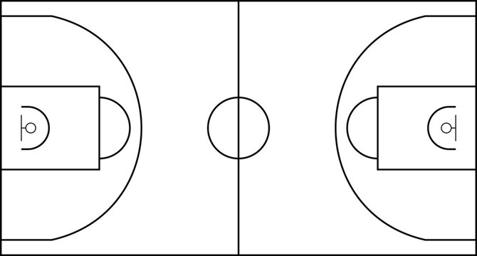 Minimalist top-view illustration of a basketball court with clean black lines on a white background. Ideal for sports diagrams, coaching materials, training graphics, and educational designs.