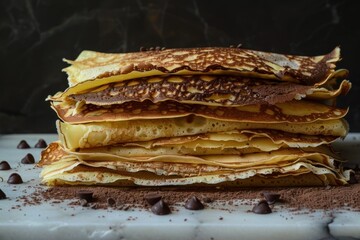 Thin golden crepes forming a tempting stack, sprinkled with chocolate chips and cocoa powder, ready to be enjoyed