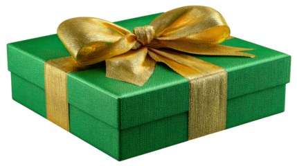 Elegant green gift box adorned with a luxurious gold ribbon and bow, perfect for holiday celebrations, special occasions, and corporate gifting promotions