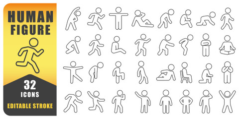 Human Figure Line Icon Vector Set. A Collection Of 32 Thin Line Editable Stroke Icons Representing Human Poses And Activities. Perfect For Fitness, Health, Education,  Communication, And Lifestyle.