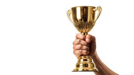 A triumphant human hand proudly holds a gleaming golden trophy aloft, symbolizing achievement and victory, perfect for representing success in competitions and awards.