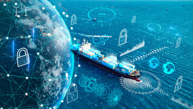 Future Supply Chain cyber security container smart port. Ocean Carriers, Freight marine cargo ship AI technology logistics tracking digital automation freight networks. Big Data risk mitigation