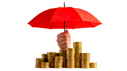 Hand holding red umbrella protects growing stacks of gold coins symbolizing financial security and investment growth for business and finance concepts.