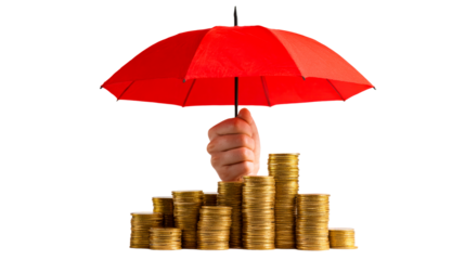 Hand holding red umbrella protects growing stacks of gold coins symbolizing financial security and investment growth for business and finance concepts.