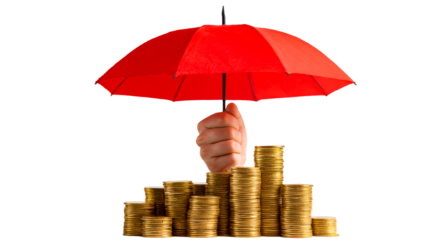 Hand holding red umbrella protects growing stacks of gold coins symbolizing financial security and investment growth for business and finance concepts. - Powered by Adobe