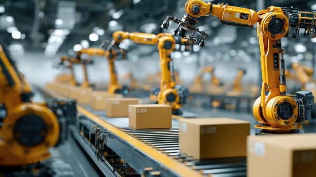 Yellow robotic arms automate packaging on a conveyor belt in a modern factory.