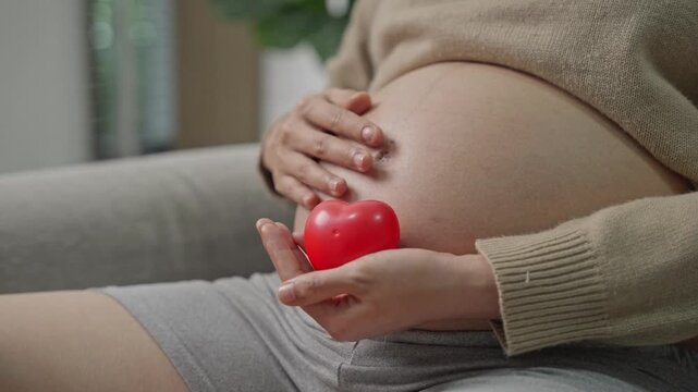 Happy pregnant woman or mother touching baby in belly and hold red heart with love at home. Health care, Prenatal preparation, Maternity, Pregnancy, and motherhood concept