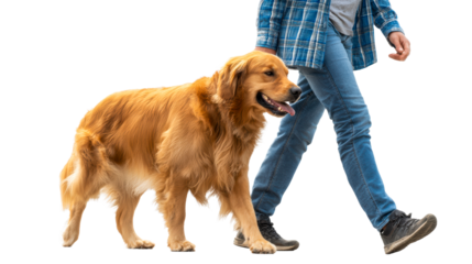 Golden retriever dog walking happily with a person wearing blue jeans and a plaid shirt, perfect for pet care, outdoor lifestyle, and companionship concepts.